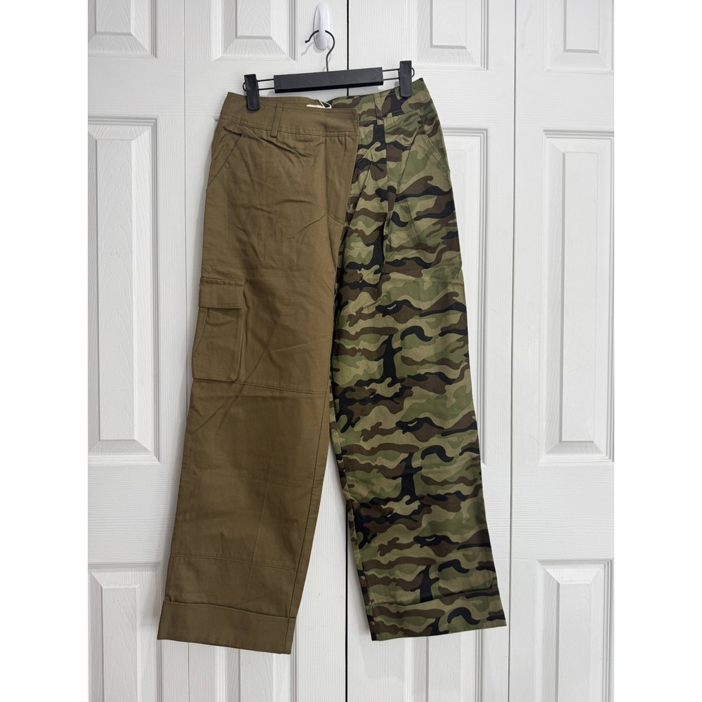 NWT Choosy Two Tone Cargo Pant Women's 2 Olive‎ Camo Asymmetrical Waist Cropped